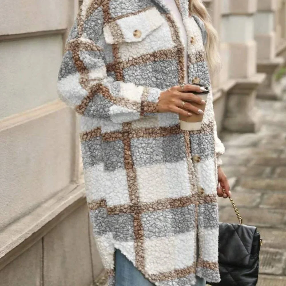 ❤️ SALE Women’s Long Plaid Teddy Jacket Womens Shacket Plaid Jacket - Picture 7 of 7